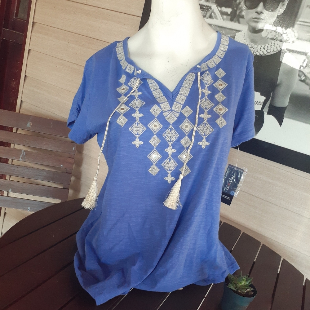 NWT Style & Co Women's Blue Cap Sleeve Keyhole Tee